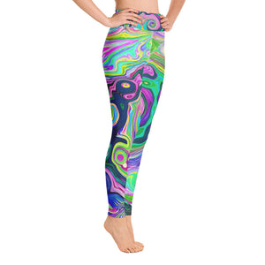 Yoga Leggings for Women, Groovy Abstract Aqua and Navy Lava Swirl