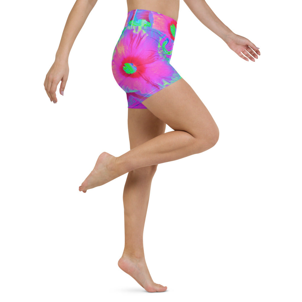 Yoga Shorts, Psychedelic Pink and Red Hibiscus Flower