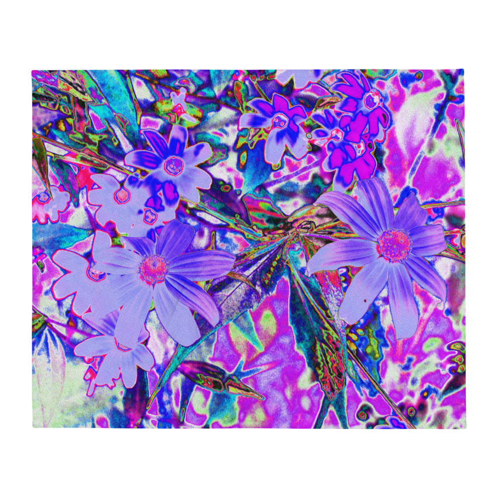 Floral Throw Blanket, Trippy Purple and Magenta Colorful Wildflowers