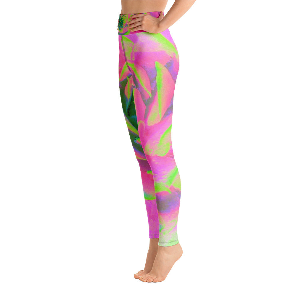 Yoga Leggings, Lime Green and Pink Succulent Sedum Rosette