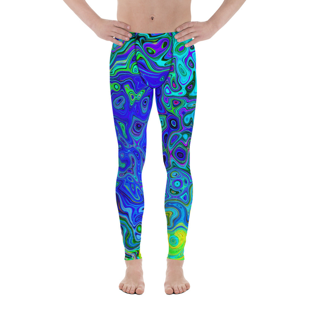 Men's Leggings, Trippy Violet Blue Abstract Retro Liquid Swirl