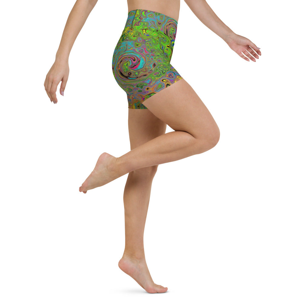 Yoga Shorts, Groovy Abstract Retro Lime Green and Blue Swirl