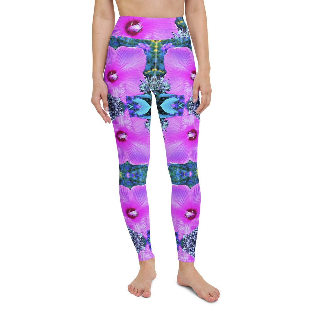 Yoga Leggings, Pink Hibiscus with Blue Hydrangea Foliage