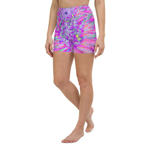 Yoga Shorts, Cool Pink, Blue and Purple Cactus Dahlia Explosion