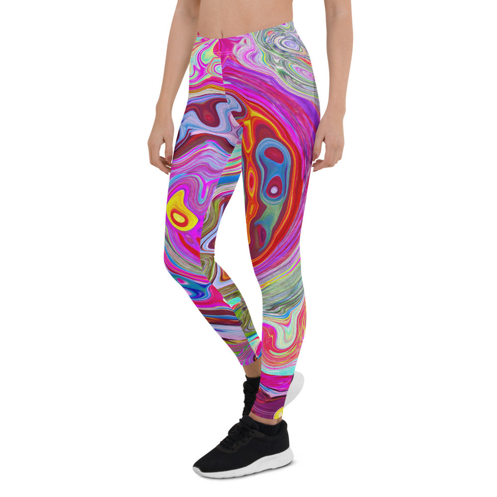 Leggings for Women, Groovy Abstract Retro Hot Pink and Blue Swirl