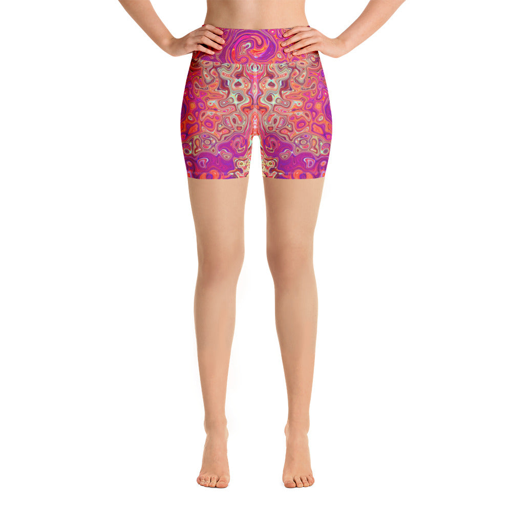 Yoga Shorts for Women, Retro Abstract Coral and Purple Marble Swirl