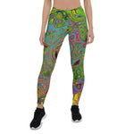 Leggings for Women, Groovy Abstract Retro Lime Green and Blue Swirl