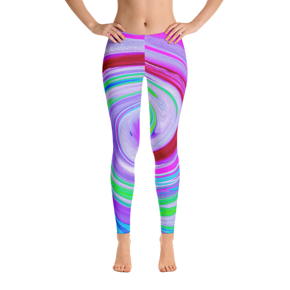 Leggings for Women, Groovy Abstract Red Swirl on Purple and Pink