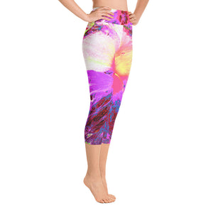Capri Yoga Leggings, Psychedelic Trippy Rainbow Colors Hibiscus Flower