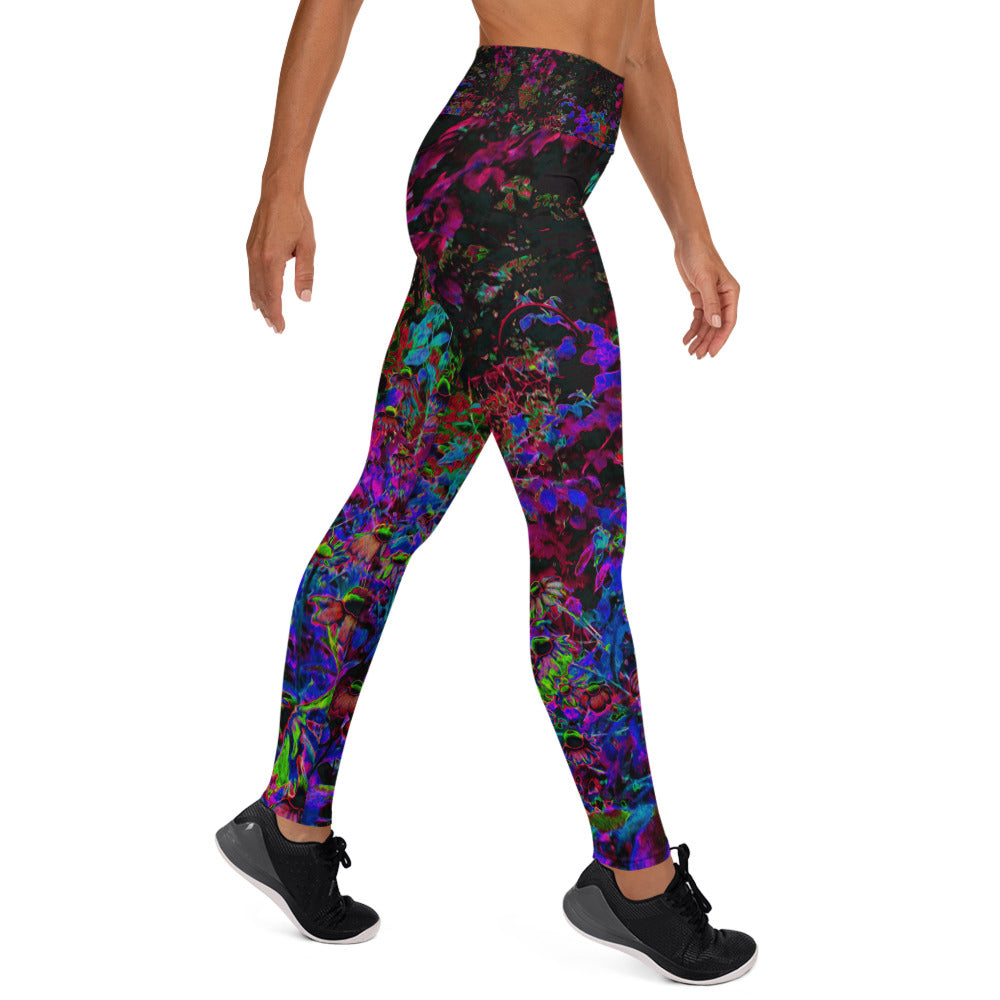 Yoga Leggings for Women, Psychedelic Crimson Red and Black Garden Sunrise