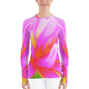 Women's Rash Guard, Fiery Hot Pink and Yellow Cactus Dahlia Flower