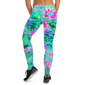 Leggings for Women, Pretty Magenta and Royal Blue Garden Flowers