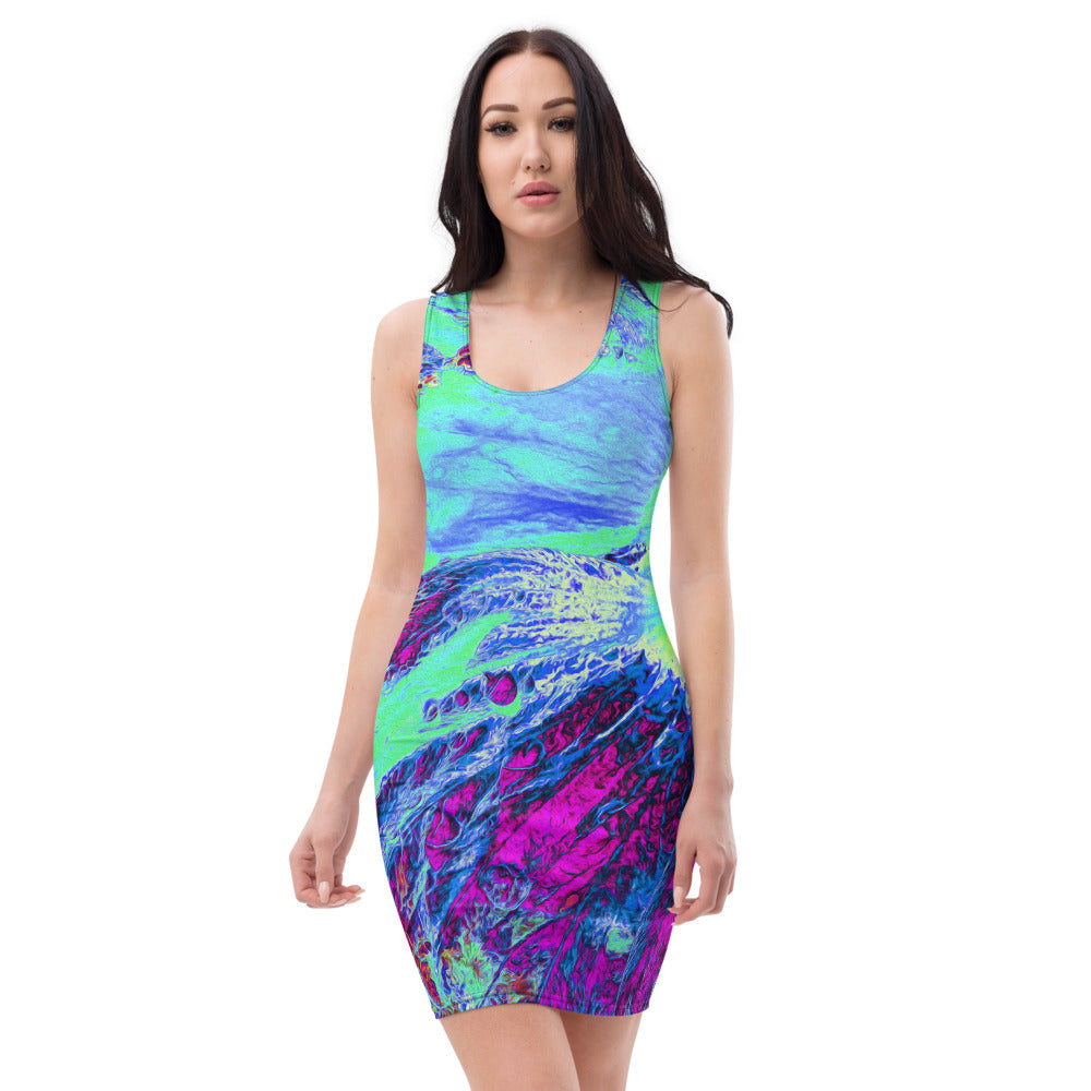 Bodycon Dress, Psychedelic Retro Green and Blue Hibiscus Flower