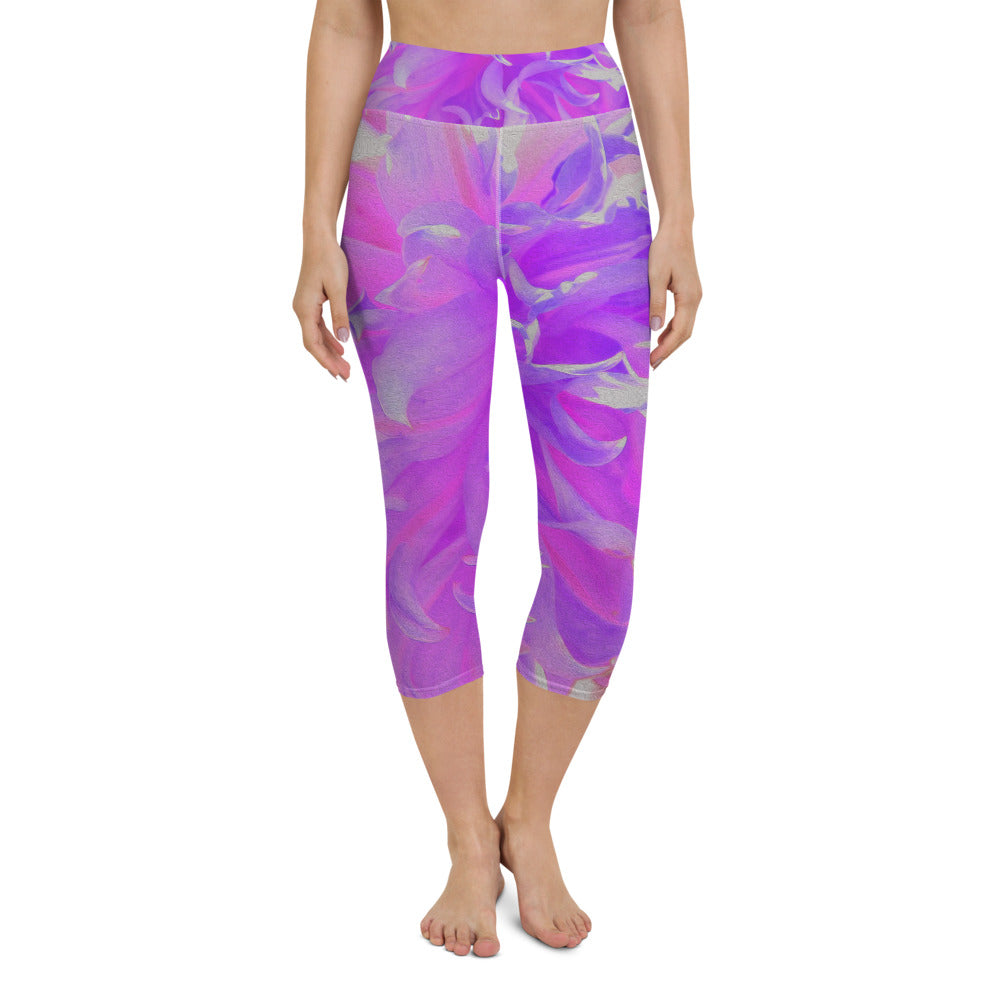 Capri Yoga Leggings, Elegant Ultra-Violet Decorative Dahlia Flower