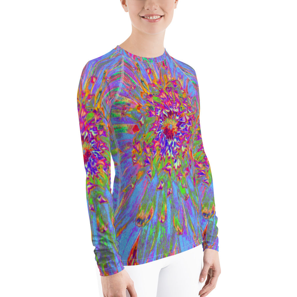 Women's Rash Guards, Psychedelic Groovy Blue Abstract Dahlia Flower