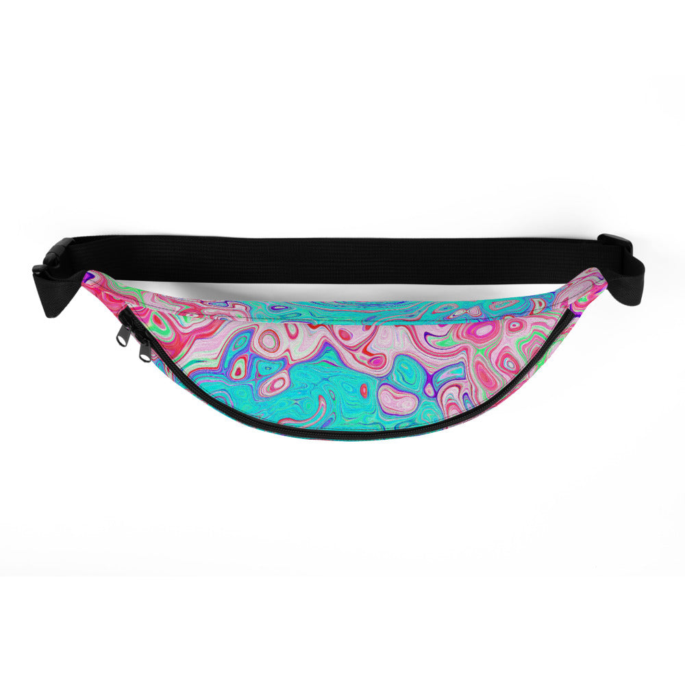 Fanny Packs, Groovy Aqua Blue and Pink Abstract Retro Swirl