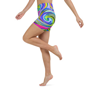 Yoga Shorts, Groovy Abstract Yellow and Navy Blue Swirl