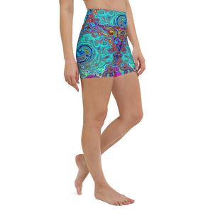 Yoga Shorts, Trippy Sky Blue Abstract Retro Liquid Swirl