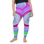 Plus Size Leggings, Groovy Abstract Red Swirl on Purple and Pink