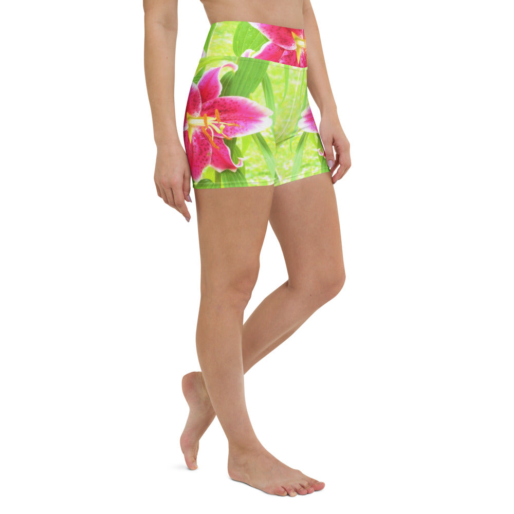 Yoga Shorts for Women, Pretty Deep Pink Stargazer Lily on Lime Green