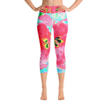 Capri Yoga Leggings, Two Rosy Red Coral Plum Crazy Hibiscus on Aqua