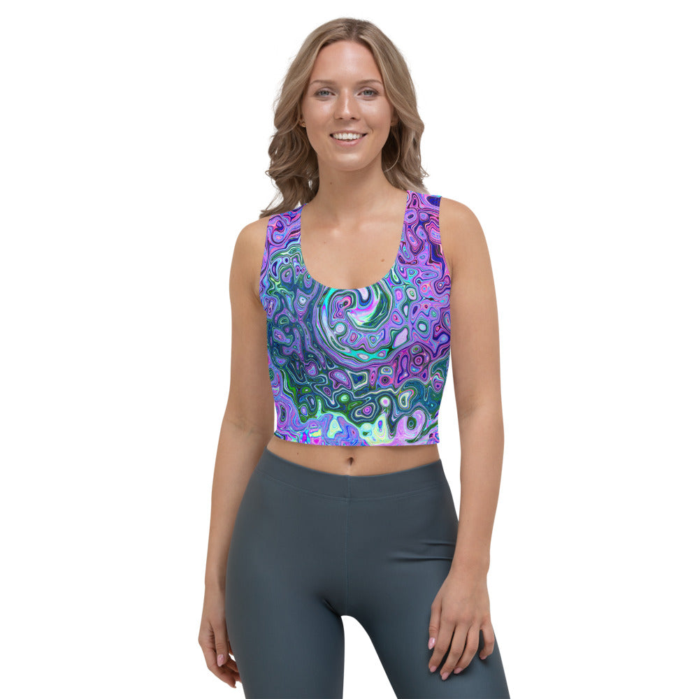 Cropped Tank Top, Groovy Abstract Retro Green and Purple Swirl