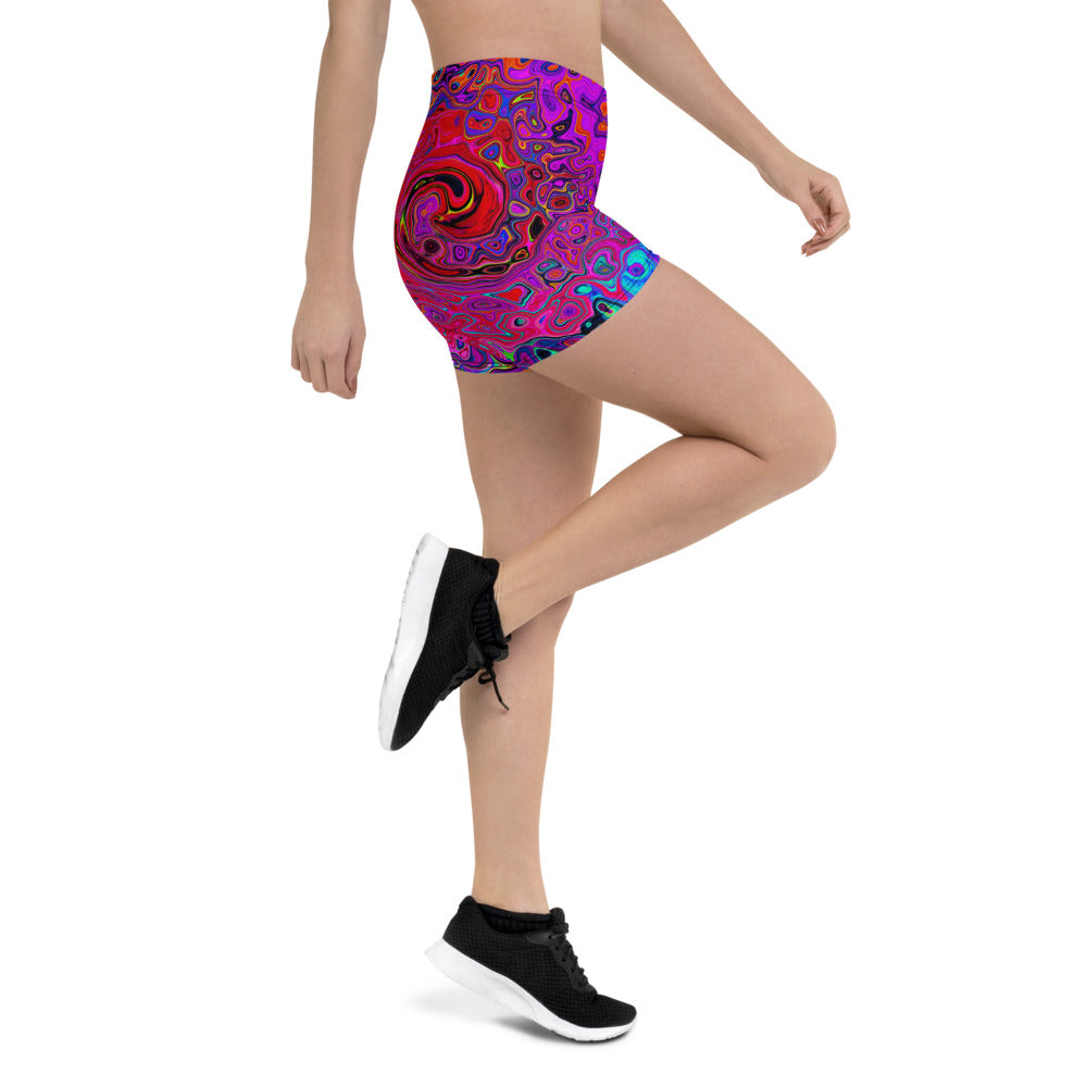 Spandex Shorts, Trippy Red and Purple Abstract Retro Liquid Swirl