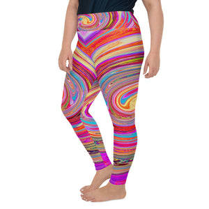 Plus Size Leggings, Colorful Rainbow Swirl Retro Abstract Design
