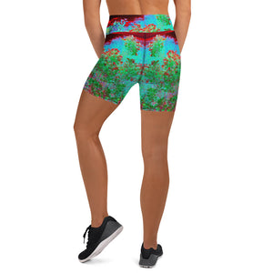 Yoga Shorts for Women, Colorful Abstract Foliage Garden with Crimson Sunset
