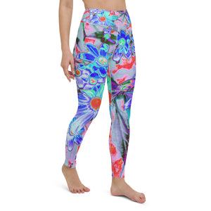 Yoga Leggings, Retro Psychedelic Aqua and Orange Flowers