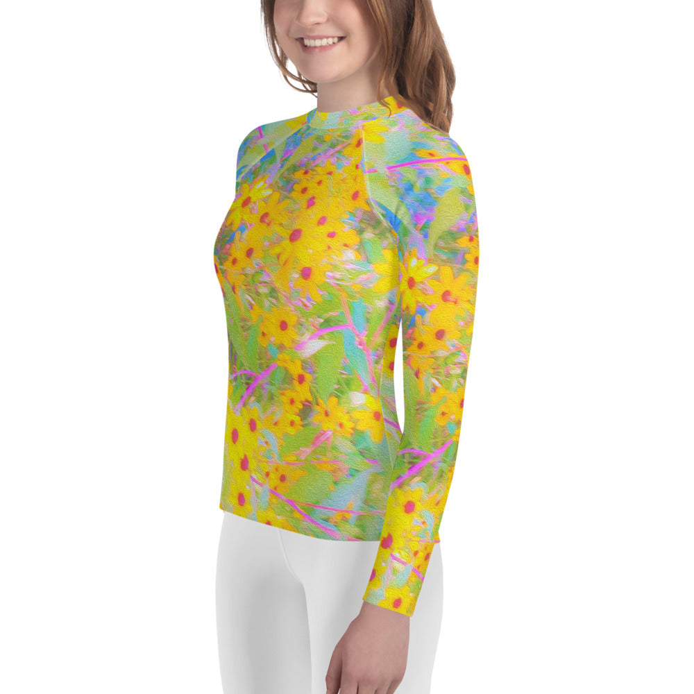 Youth Rash Guard Shirts, Pretty Yellow and Red Flowers with Turquoise