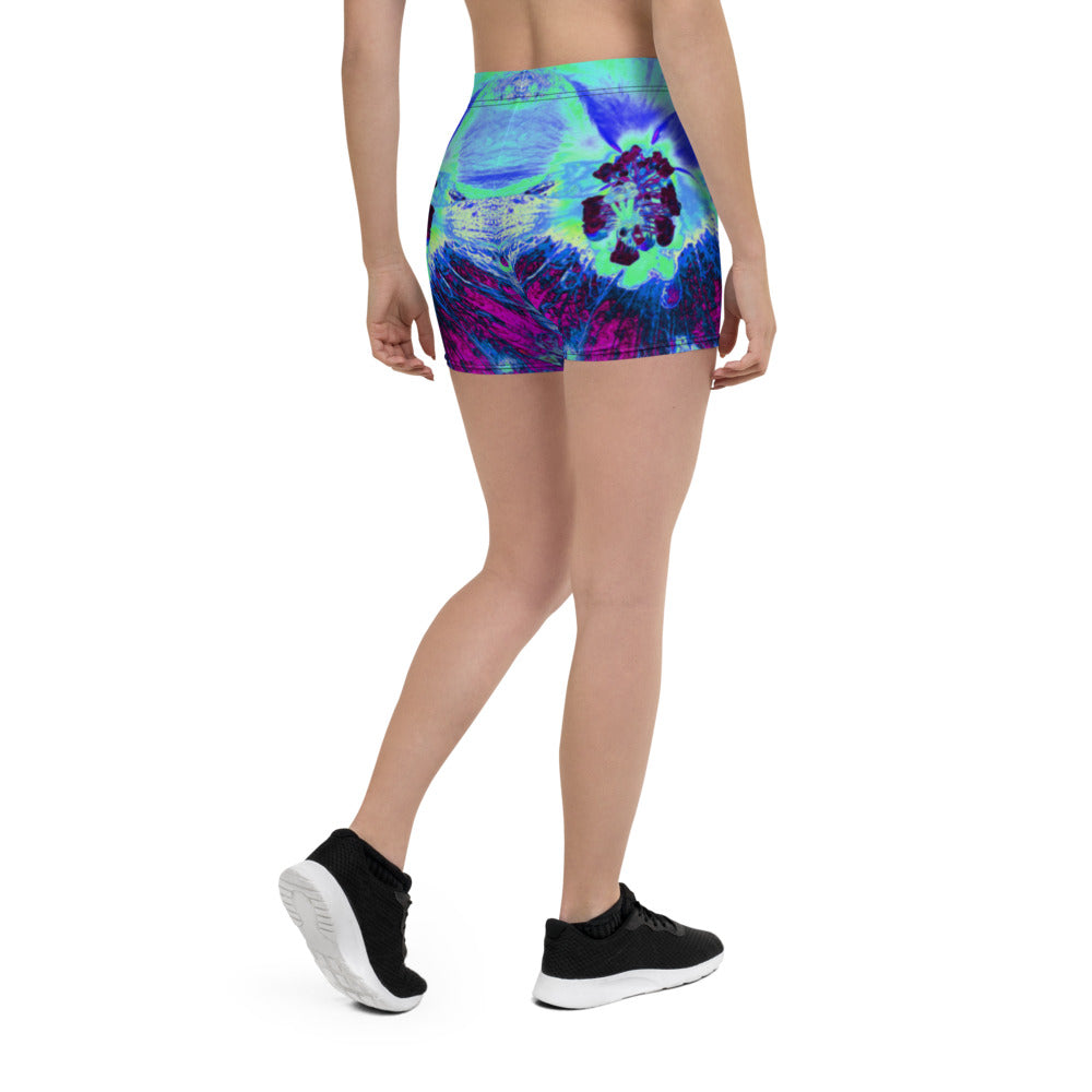 Spandex Shorts for Women, Psychedelic Retro Green and Blue Hibiscus Flower