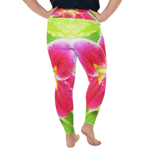 Plus Size Leggings, Pretty Deep Pink Stargazer Lily on Lime Green