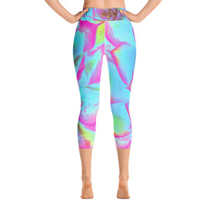 Yoga Capri Leggings, Hot Pink and Blue Succulent Sedum Detail