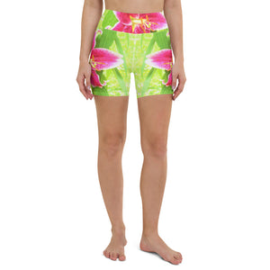 Yoga Shorts for Women, Pretty Deep Pink Stargazer Lily on Lime Green