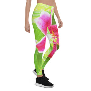 Leggings for Women, Pretty Deep Pink Stargazer Lily on Lime Green