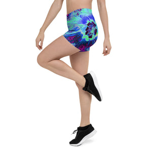 Spandex Shorts for Women, Psychedelic Retro Green and Blue Hibiscus Flower