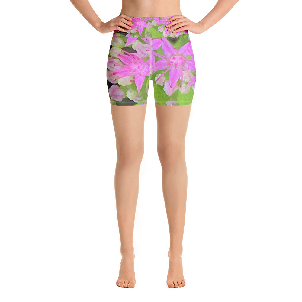 Yoga Shorts, Hot Pink Succulent Sedum with Fleshy Green Leaves