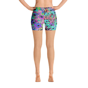 Spandex Shorts, Purple Garden with Psychedelic Aquamarine Flowers