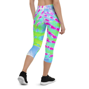 Capri Leggings, Lime Green and Purple Abstract Cone Flower