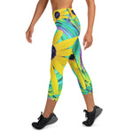 Capri Yoga Leggings, Yellow Rudbeckia Flowers on a Turquoise Swirl