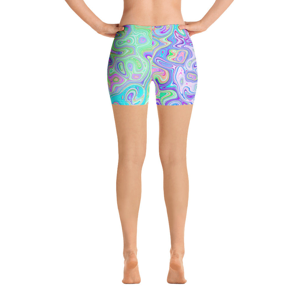 Spandex Shorts, Groovy Abstract Retro Pink and Green Swirl