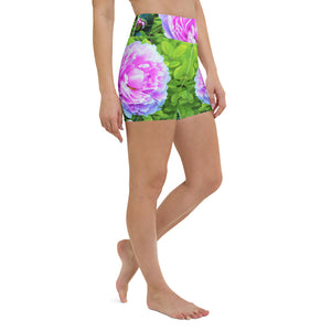 Yoga Shorts, Pink Peony and Golden Privet Hedge Garden
