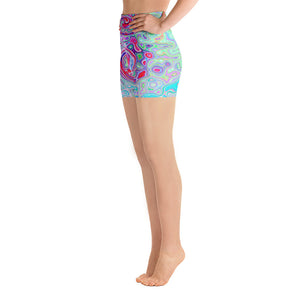 Yoga Shorts, Groovy Abstract Retro Pink and Green Swirl
