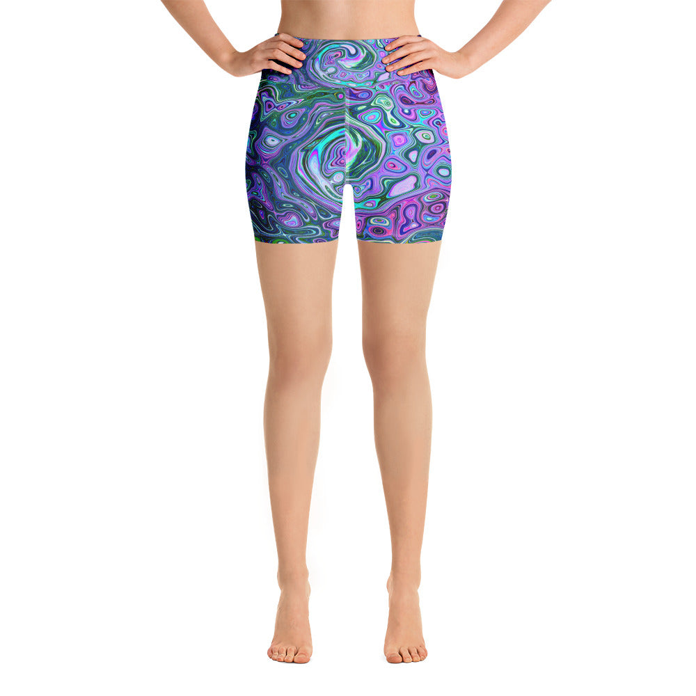 Yoga Shorts, Groovy Abstract Retro Green and Purple Swirl