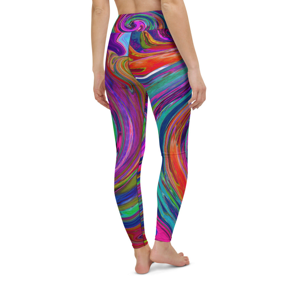 Yoga Leggings, Groovy Abstract Retro Magenta Dark Rainbow Swirl