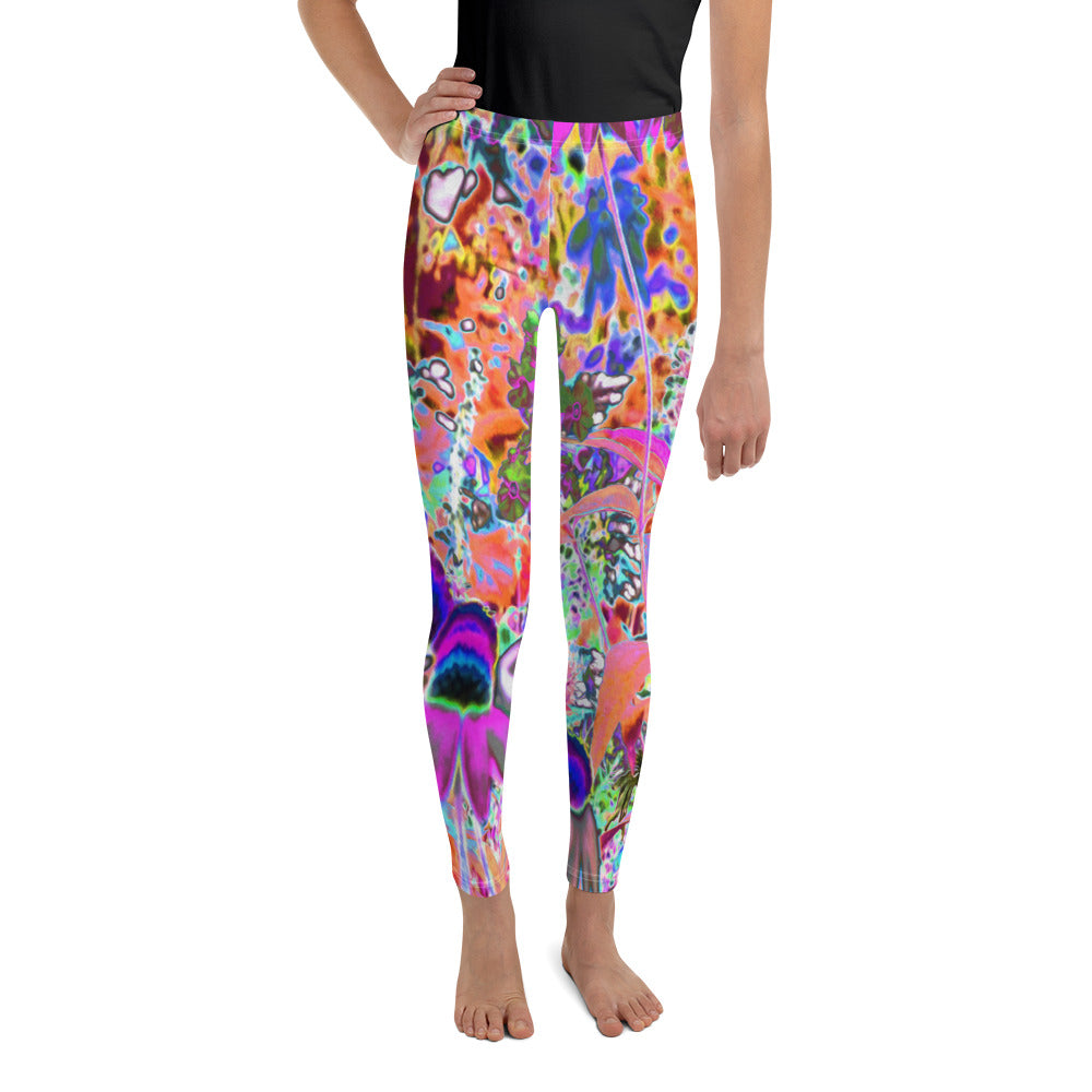 Youth Leggings, Psychedelic Hot Pink and Lime Green Garden Flowers
