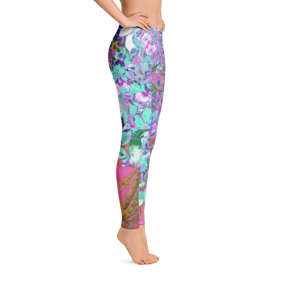 Leggings for Women, Elegant Aqua and Purple Limelight Hydrangea Detail