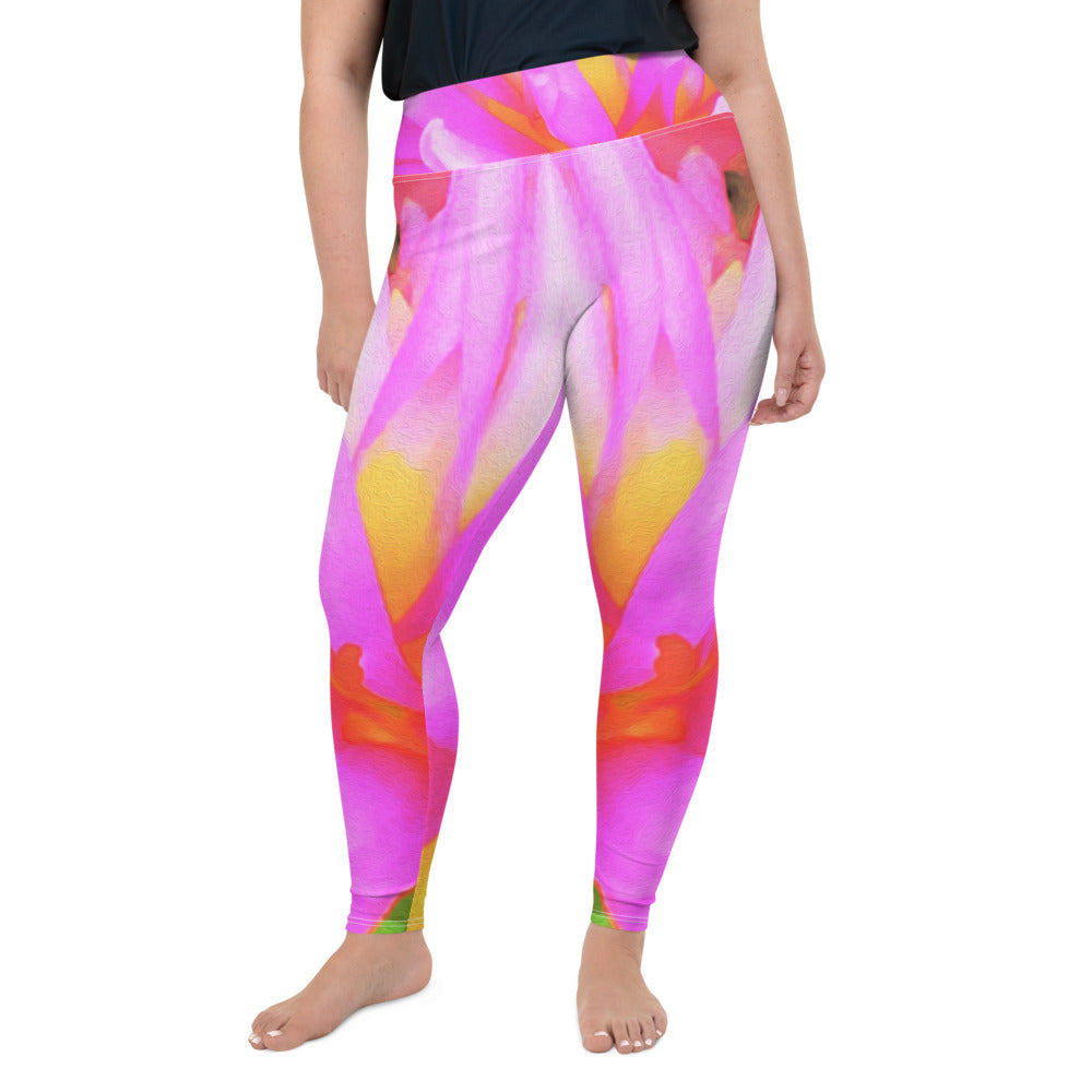 Plus Size Leggings, Fiery Hot Pink and Yellow Cactus Dahlia Flower