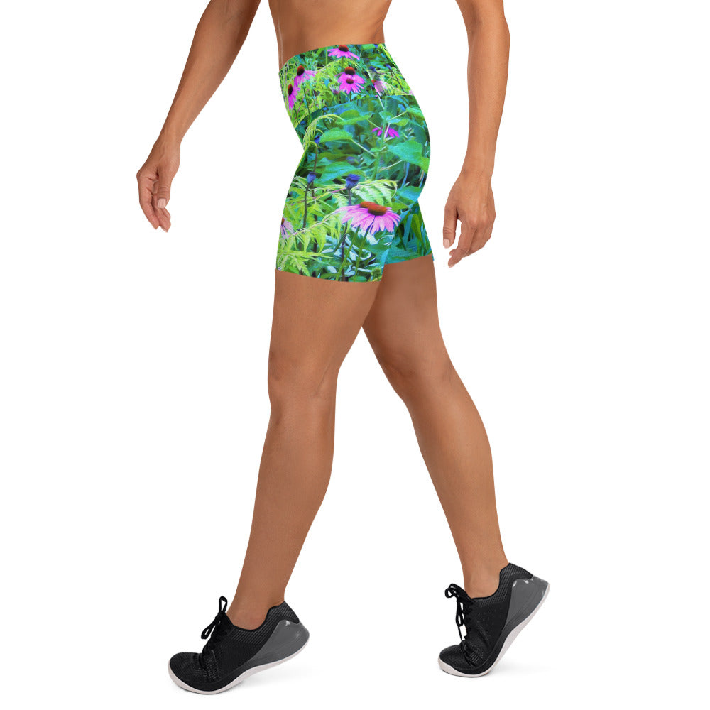 Yoga Shorts, Purple Coneflower Garden with Chartreuse Foliage